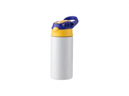 12oz/360ml Sublimation Blanks Kids Stainless Steel Bottle With Silicon Straw &amp; Blue Cap(White)