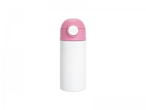 Sublimation 12oz/360ml Kids Stainless Steel Water Bottle With Plastic Straw &amp; Pink Cap(White)